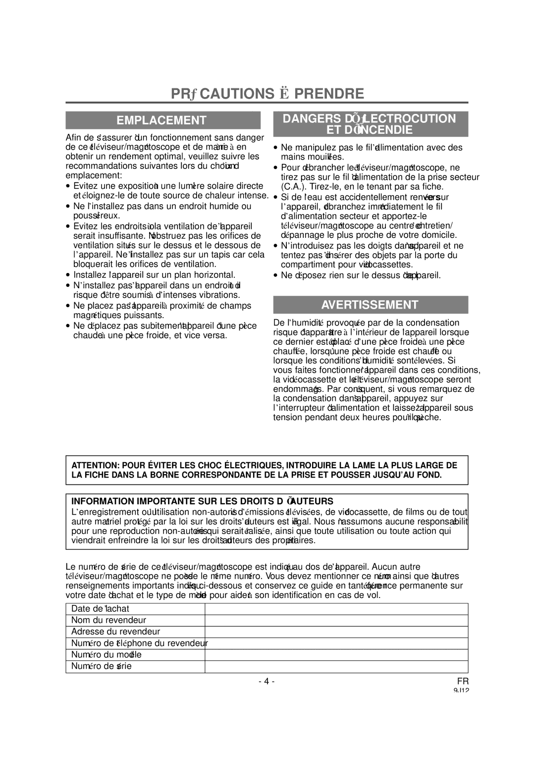 Sylvania 6313CCB, 6319CCB owner manual PRÉ Cautions À Prendre, Emplacement, Et D’Incendie, Avertissement 