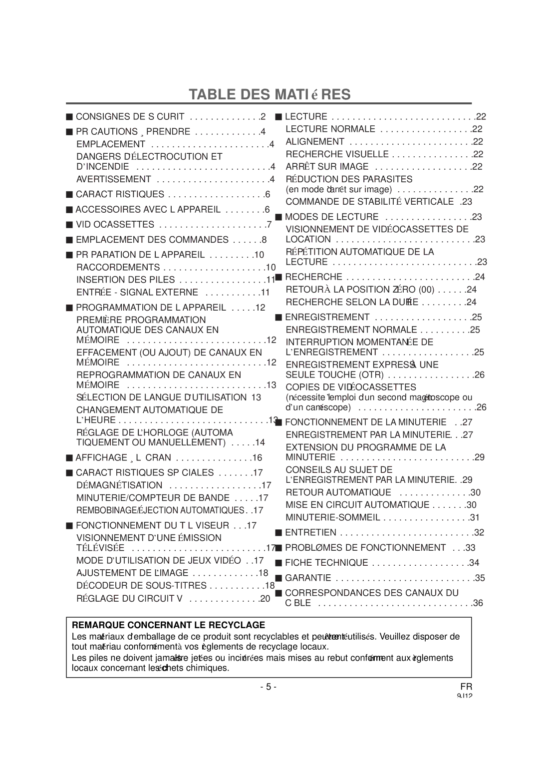 Sylvania 6319CCB, 6313CCB owner manual Table DES Matiè RES, Remarque Concernant LE Recyclage 