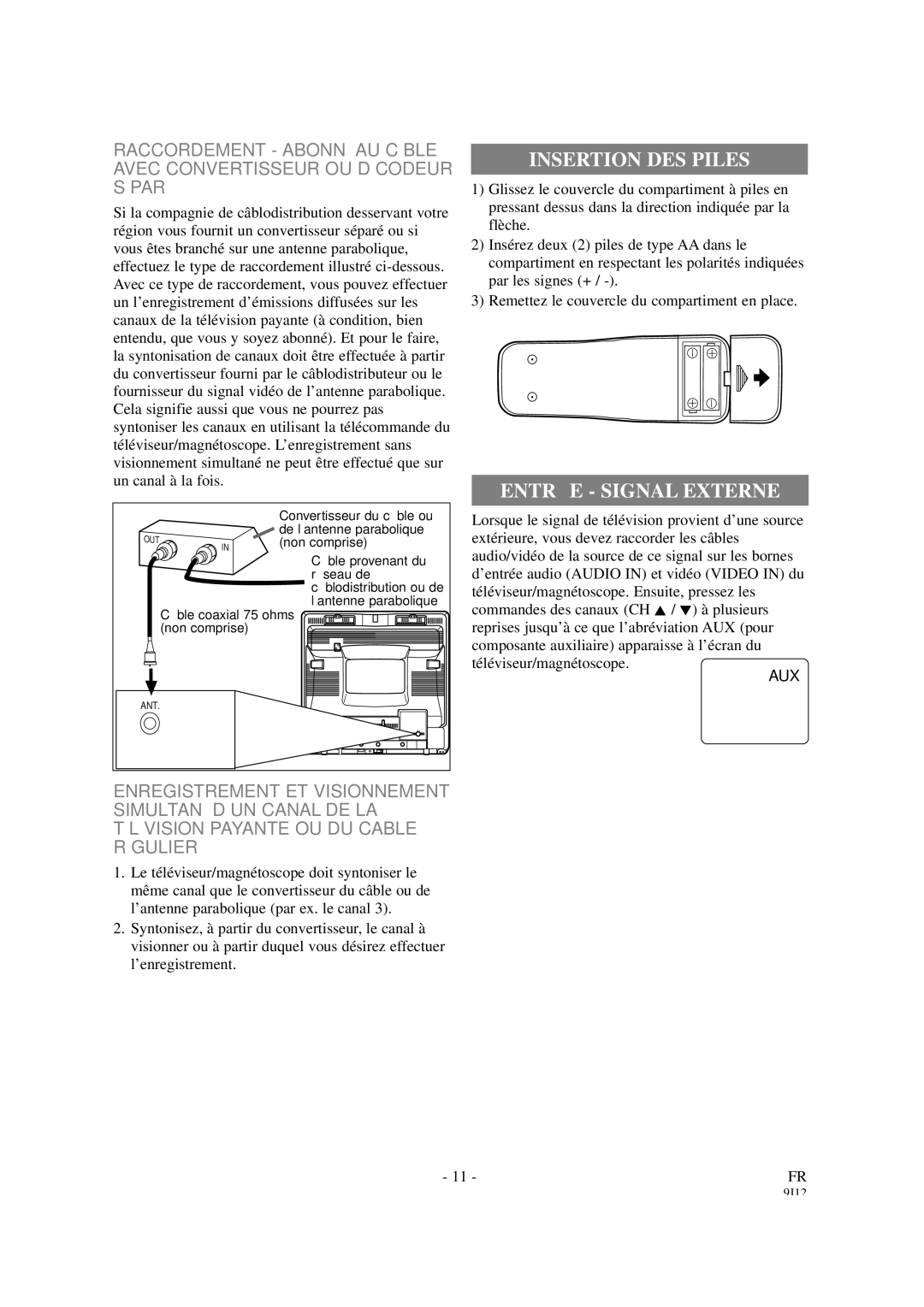 Sylvania 6319CCB, 6313CCB owner manual Insertion DES Piles, Entré E Signal Externe 