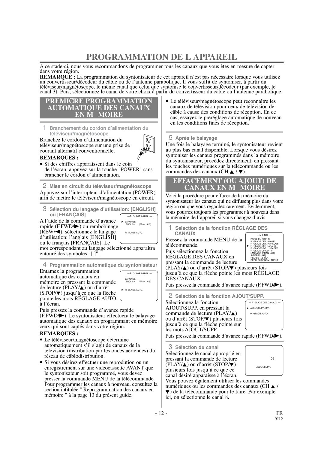 Sylvania 6313CCB Programmation DE L’APPAREIL, Premiè RE Programmation Automatique DES Canaux EN MÉ Moire, Remarques 