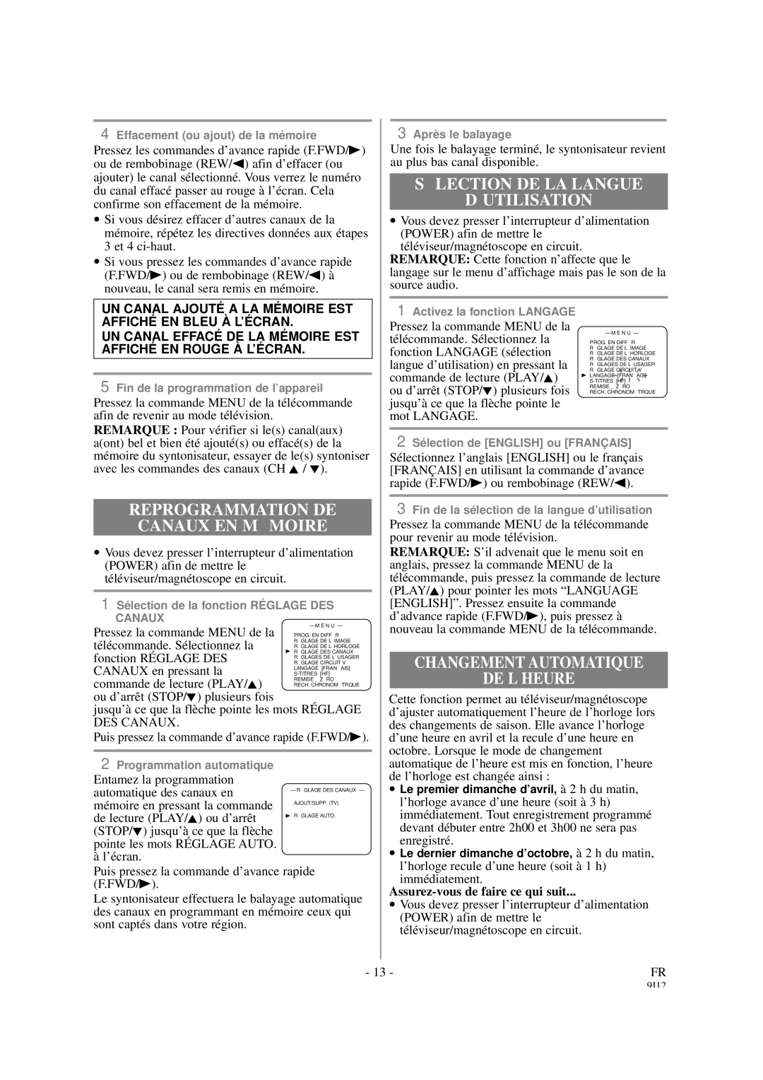 Sylvania 6319CCB, 6313CCB owner manual SÉ Lection DE LA Langue ’UTILISATION, Changement Automatique DE L’HEURE 