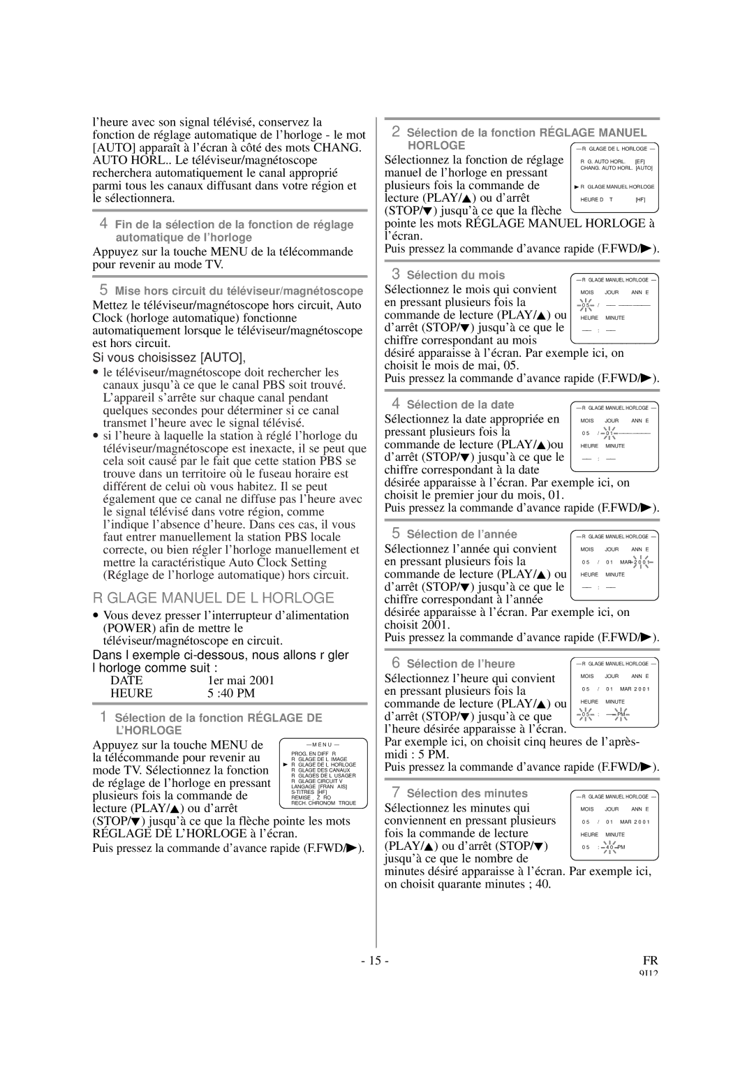 Sylvania 6319CCB, 6313CCB owner manual Réglage Manuel DE L’HORLOGE, Heure 