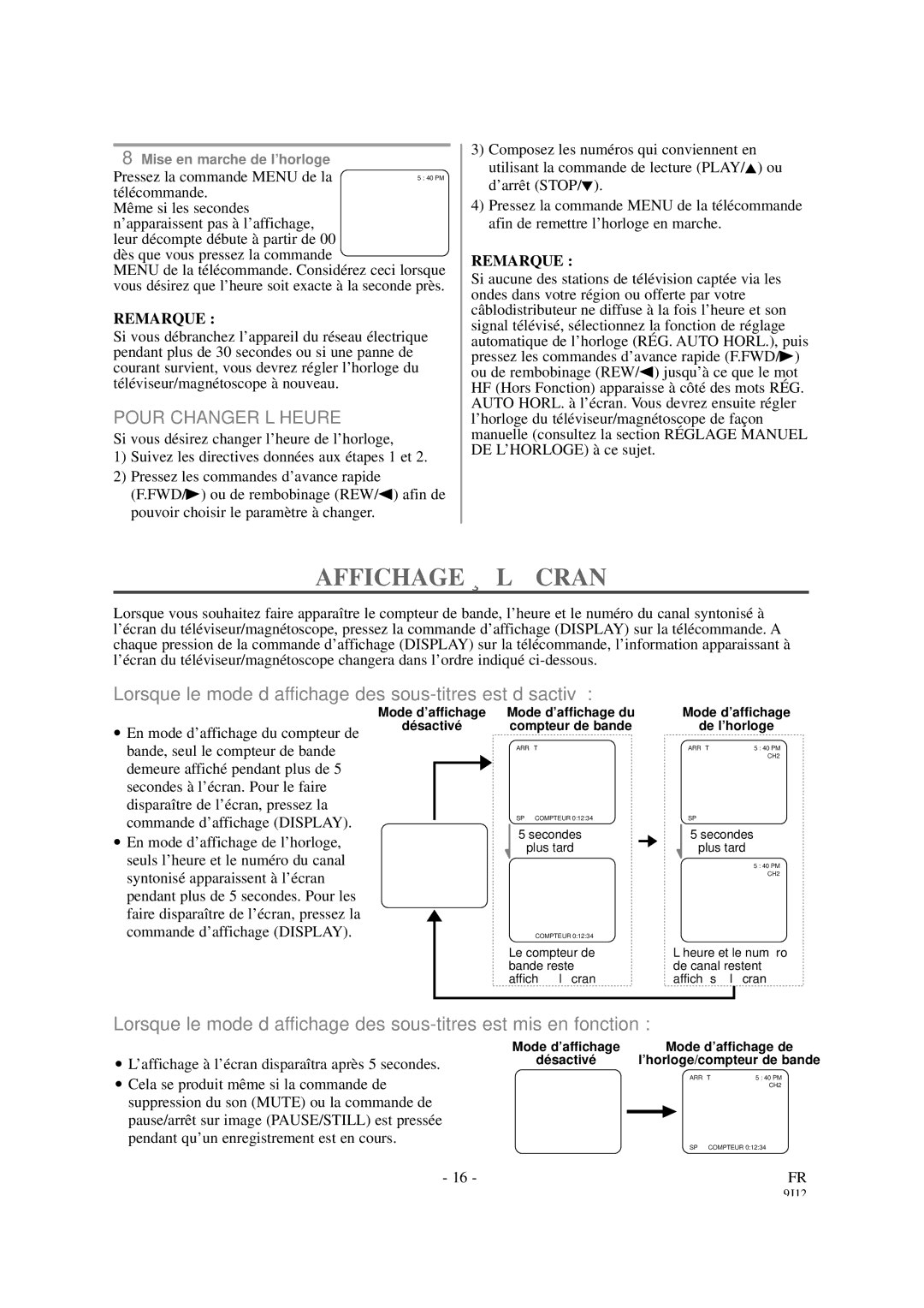 Sylvania 6313CCB, 6319CCB owner manual Affichage À L’É Cran, Pour Changer L’HEURE 