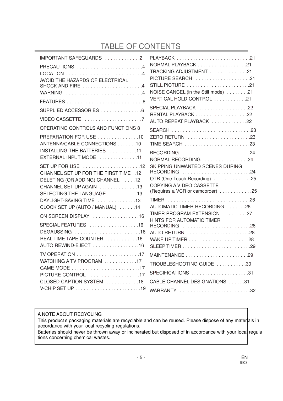 Sylvania 6319CCB, 6313CCB owner manual Table of Contents 