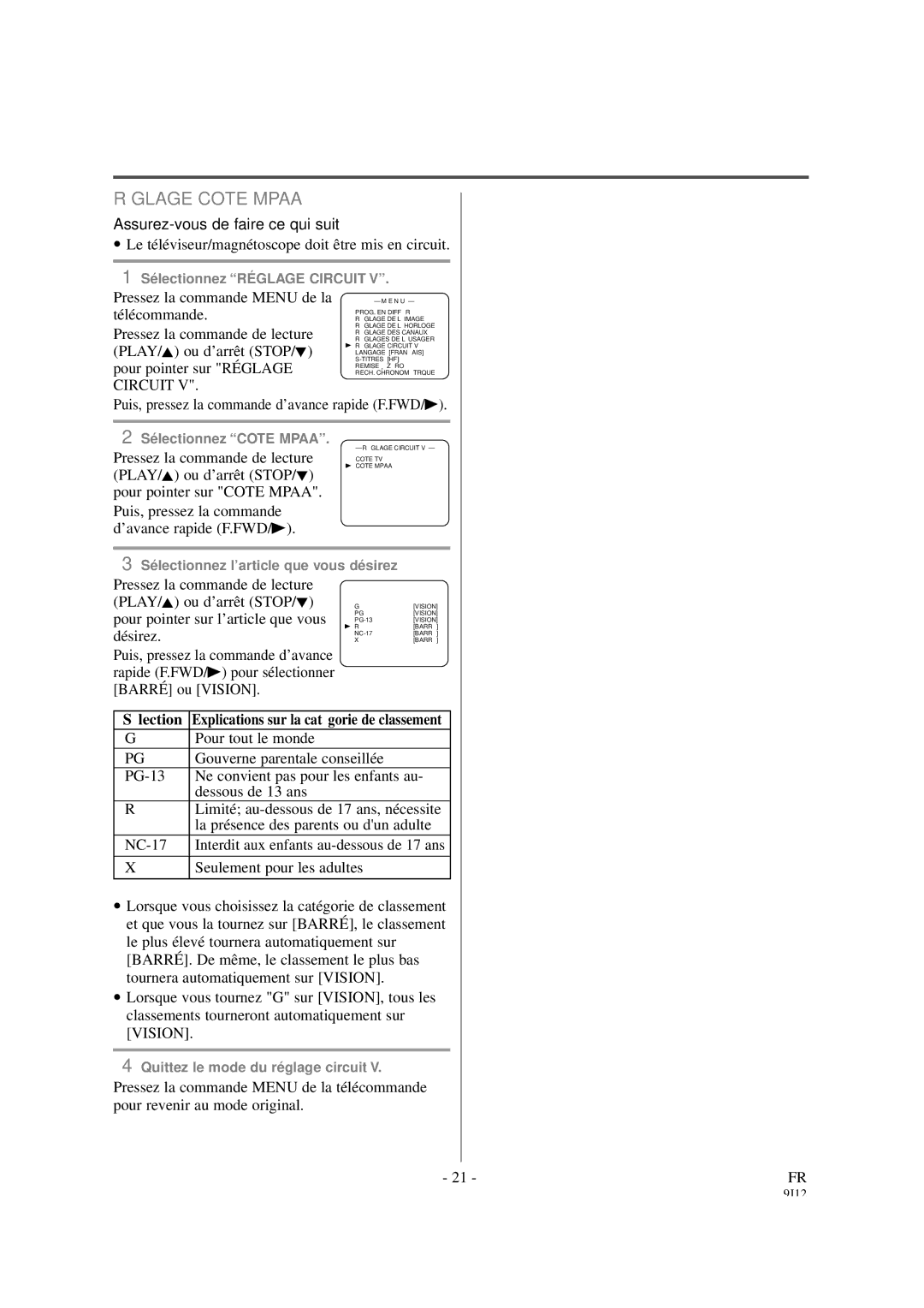 Sylvania 6319CCB, 6313CCB owner manual Réglage Cote Mpaa 