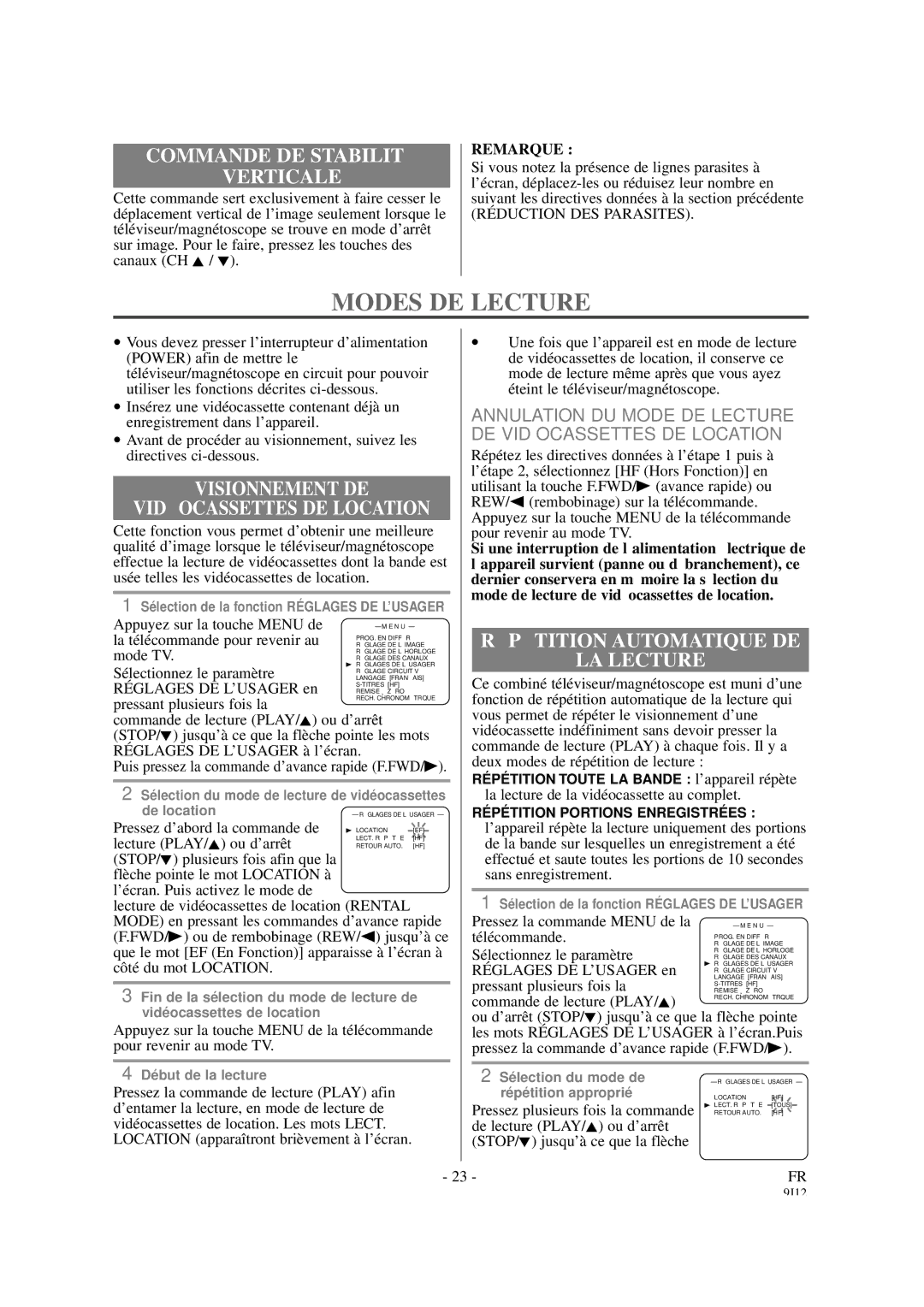 Sylvania 6319CCB, 6313CCB Modes DE Lecture, Commande DE Stabilité Verticale, Visionnement DE Vidé Ocassettes DE Location 