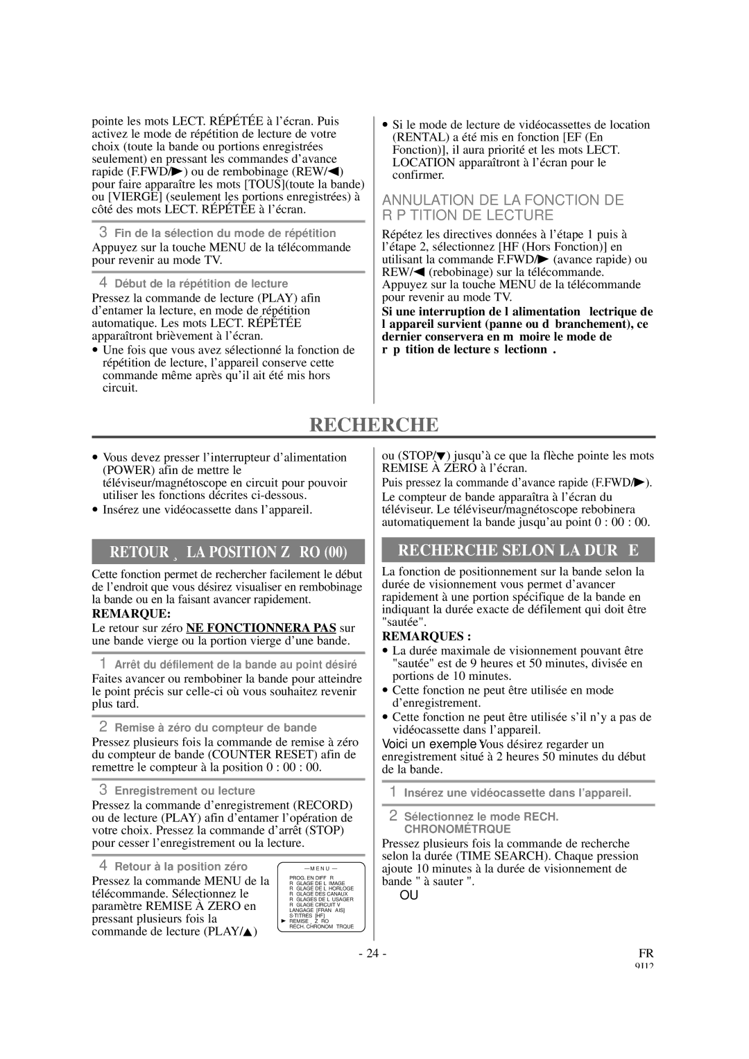 Sylvania 6313CCB, 6319CCB Recherche Selon LA Duré E, Annulation DE LA Fonction DE Répétition DE Lecture, Remise À 