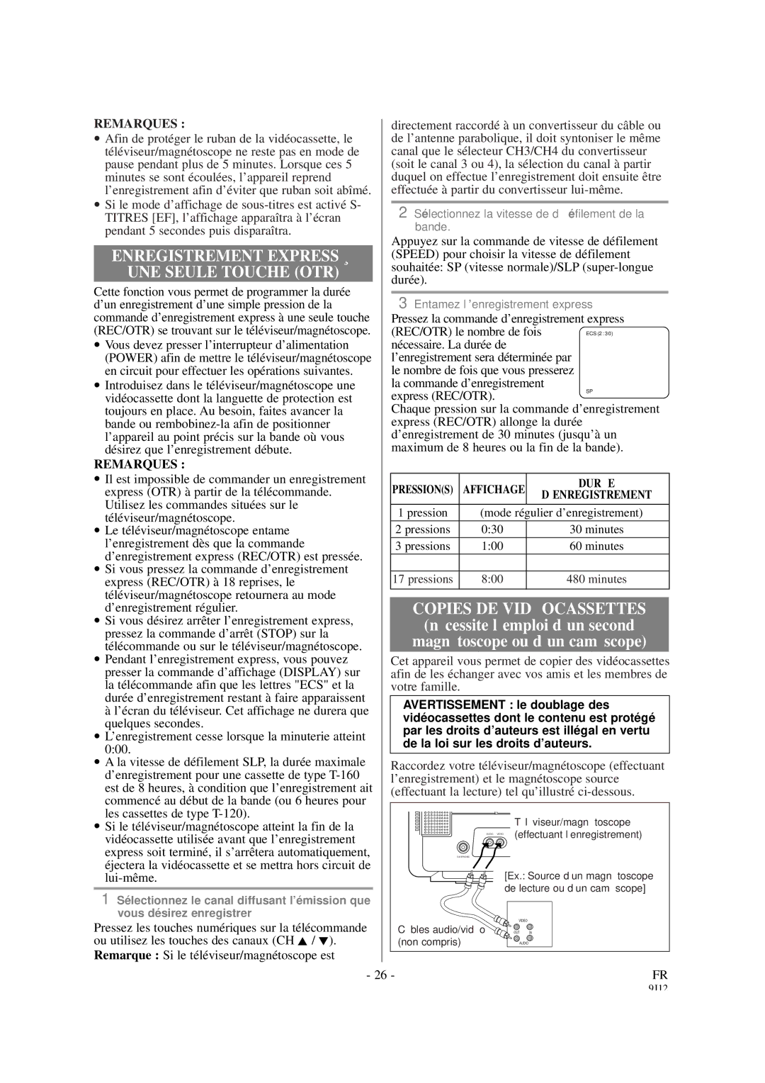 Sylvania 6313CCB, 6319CCB owner manual Enregistrement Express À UNE Seule Touche OTR, Duré E 