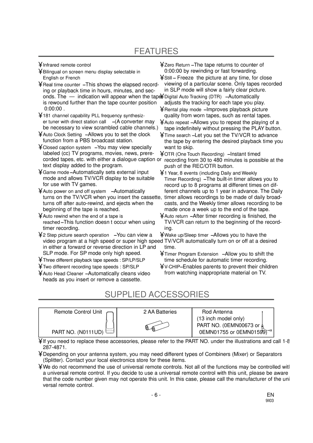 Sylvania 6313CCB, 6319CCB owner manual Features, Supplied Accessories 