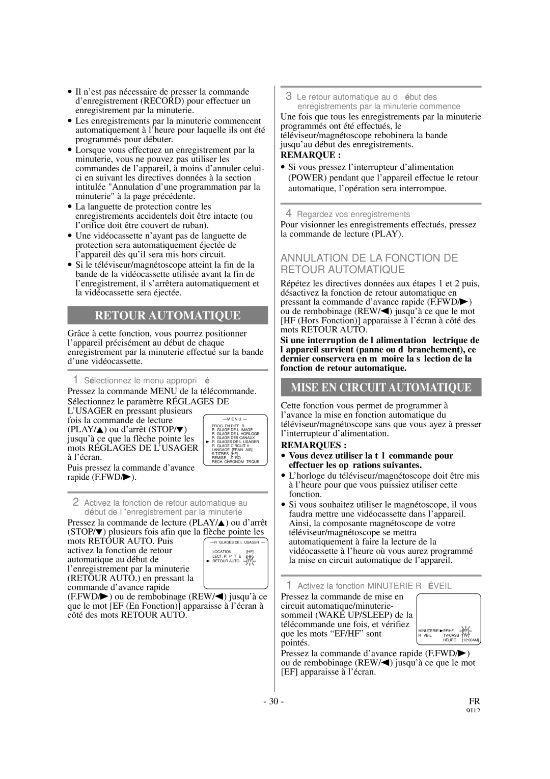 Sylvania 6313CCB, 6319CCB owner manual Mise EN Circuit Automatique, Annulation DE LA Fonction DE Retour Automatique 