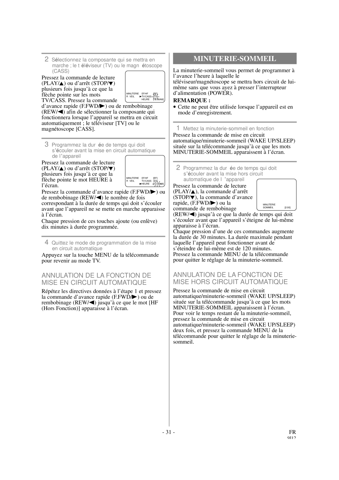 Sylvania 6319CCB, 6313CCB owner manual Minuterie-Sommeil, Annulation DE LA Fonction DE Mise EN Circuit Automatique 