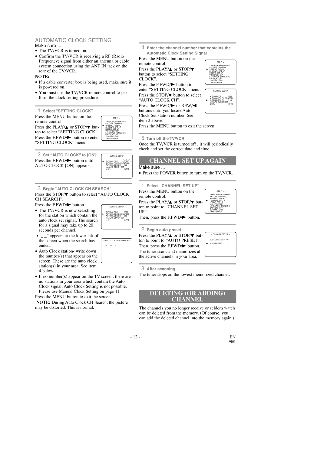 Sylvania 6313CD 6319CD, 6313CD, 6319CD Channel SET UP Again, Deleting or Adding Channel, Automatic Clock Setting 