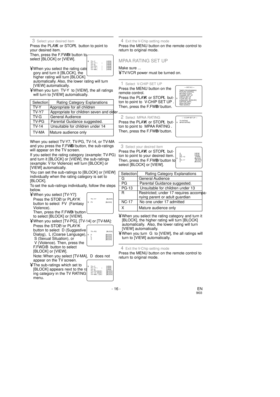 Sylvania 6313CD 6319CD, 6313CD, 6319CD Mpaa Rating SET UP, Selection Rating Category Explanations, When you select TV-Y7 