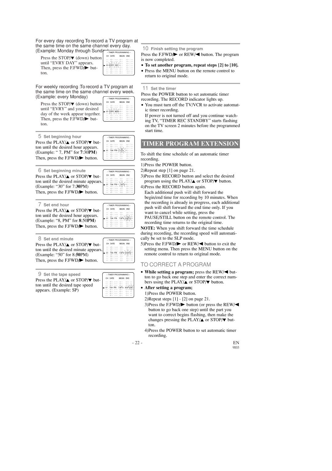 Sylvania 6313CD 6319CD Timer Program Extension, To Correct a Program, To set another program, repeat steps 2 to 