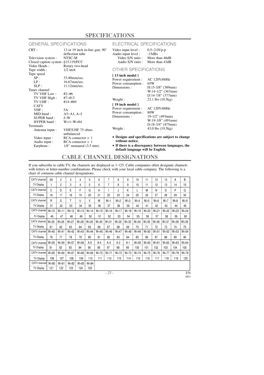 Sylvania 6313CD, 6319CD, 6313CD 6319CD Cable Channel Designations, General Specifications, Electrical Specifications 