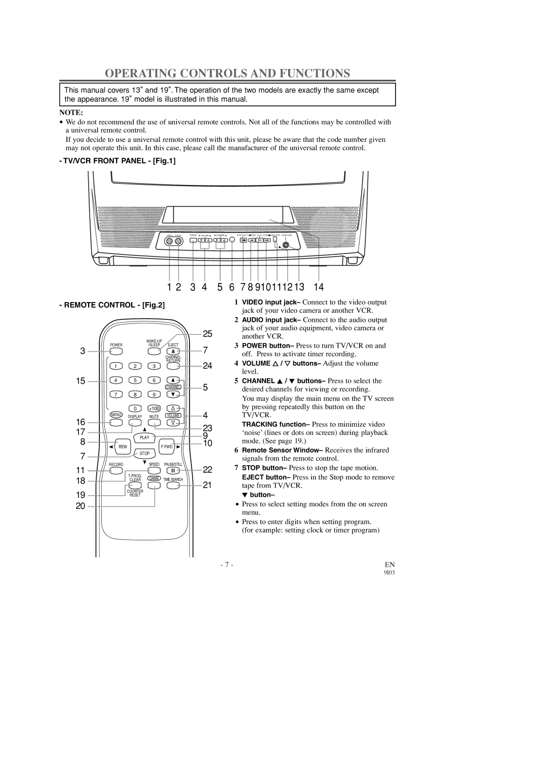 Sylvania 6313CD, 6319CD, 6313CD 6319CD Operating Controls and Functions, TV/VCR Front Panel, Remote Control, Tv/Vcr 