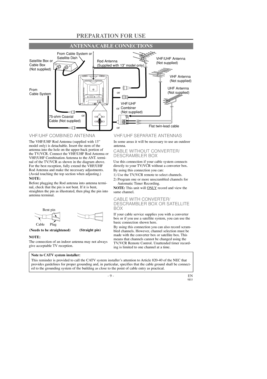 Sylvania 6313CD, 6319CD, 6313CD 6319CD owner manual Preparation for USE, ANTENNA/CABLE Connections 