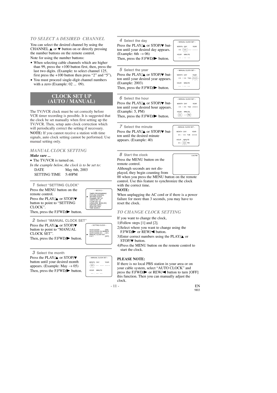 Sylvania 6319CD Clock SET UP Auto / Manual, To Select a Desired Channel, Manual Clock Setting, To Change Clock Setting 