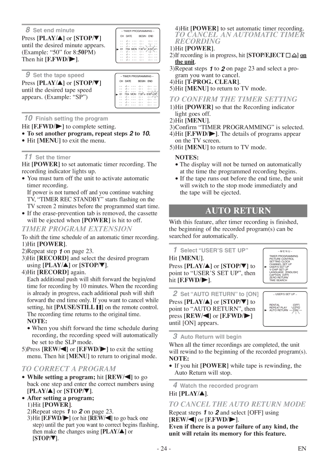 Sylvania 6313CE, 6319CE owner manual Auto Return 