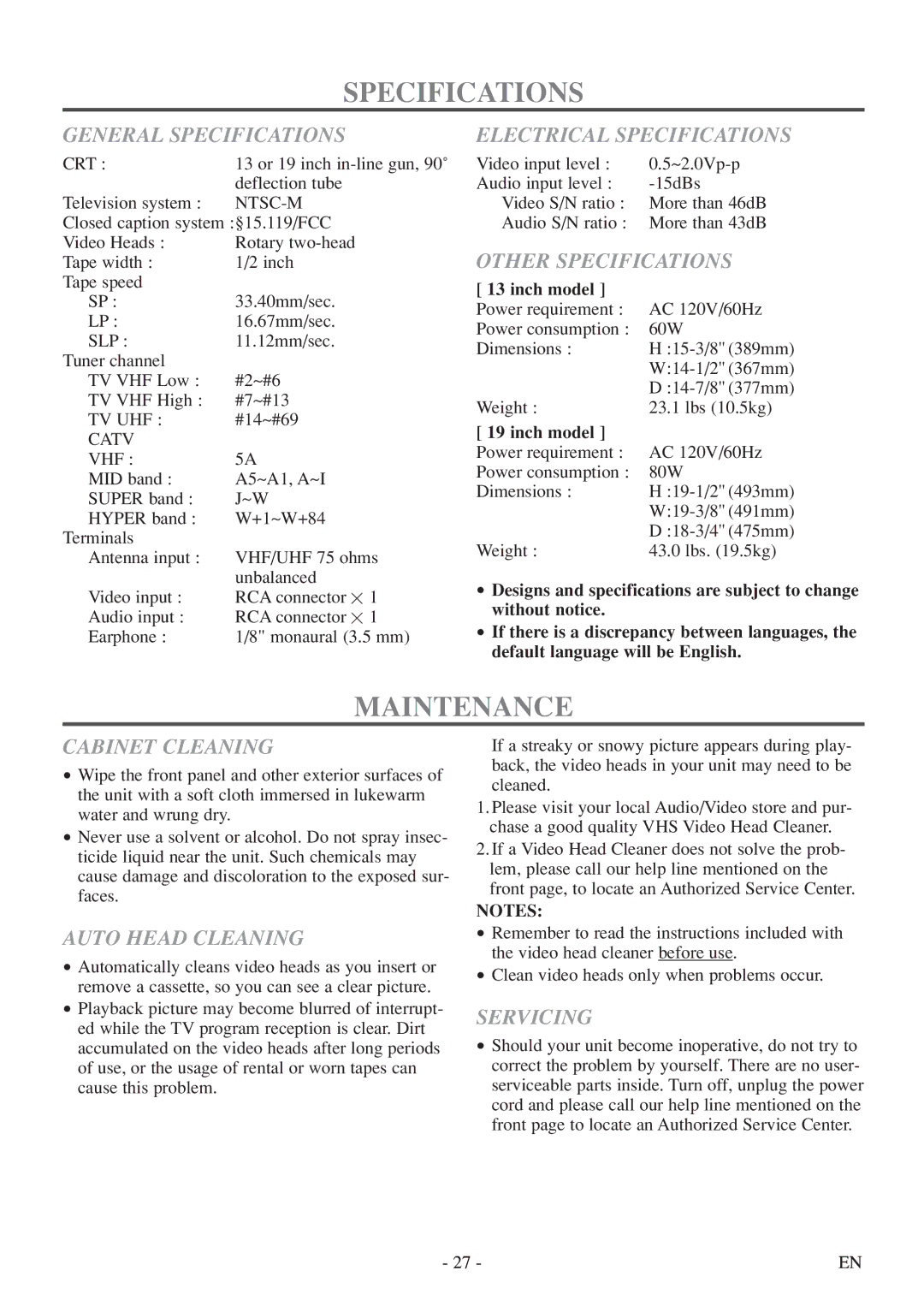 Sylvania 6319CE, 6313CE owner manual Specifications, Maintenance 