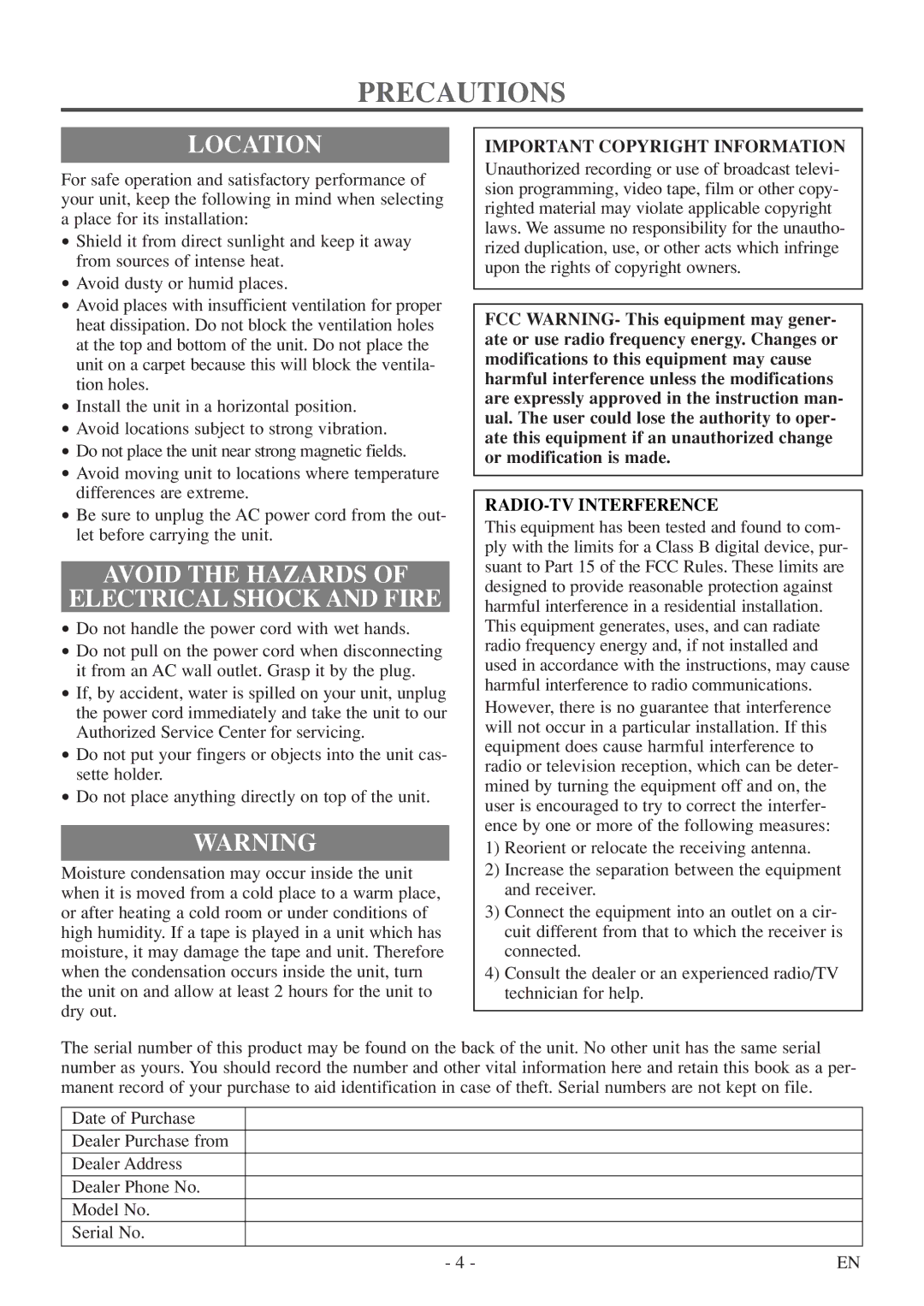 Sylvania 6313CE Precautions, Location, Avoid the Hazards Electrical Shock and Fire, Important Copyright Information 