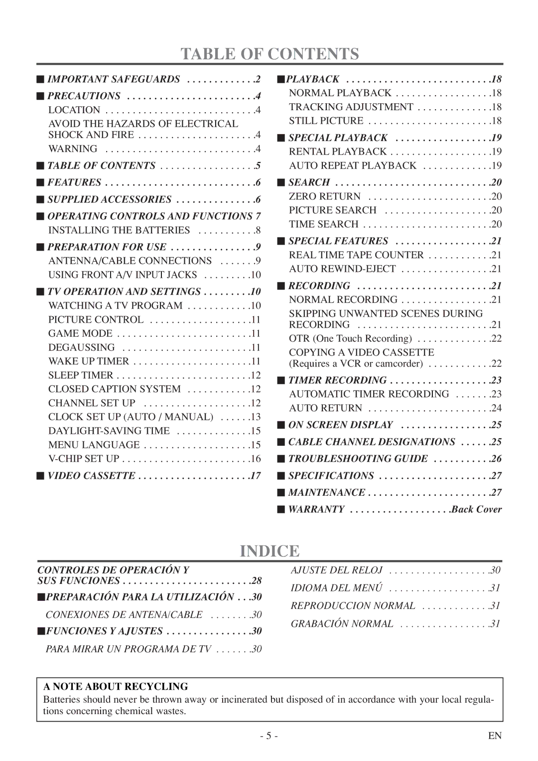 Sylvania 6319CE, 6313CE owner manual Table of Contents, Indice 