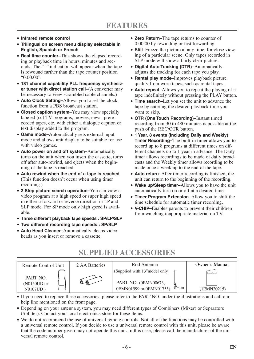 Sylvania 6313CE, 6319CE owner manual Features, Supplied Accessories 