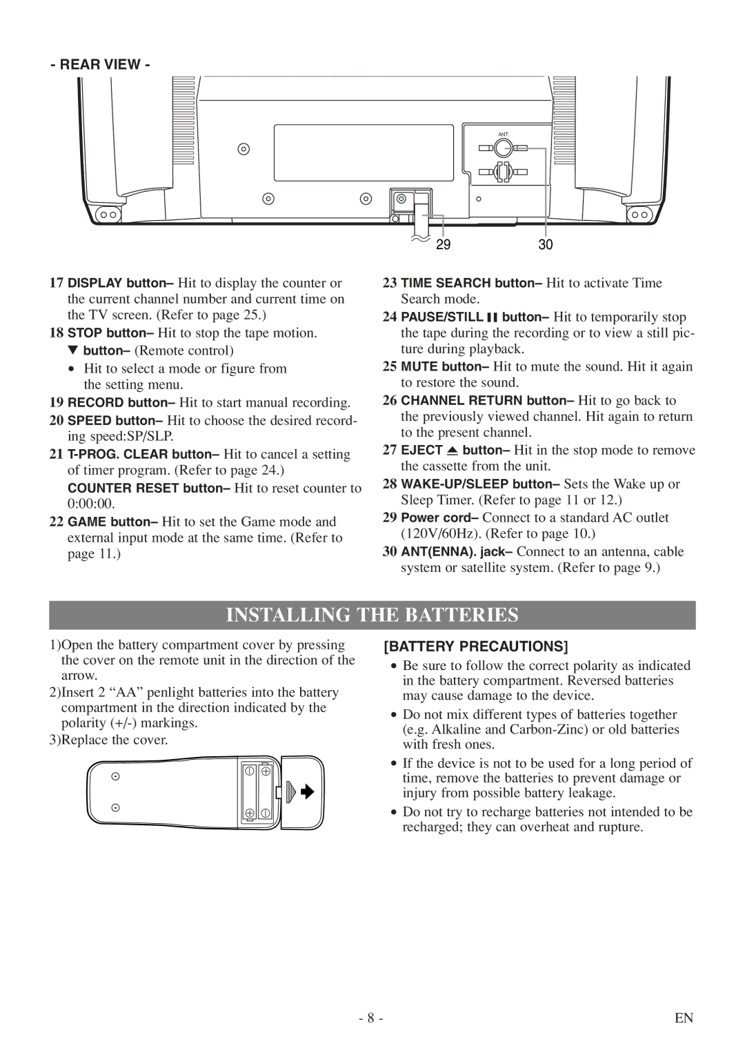 Sylvania 6313CE, 6319CE owner manual Installing the Batteries, Rear View 