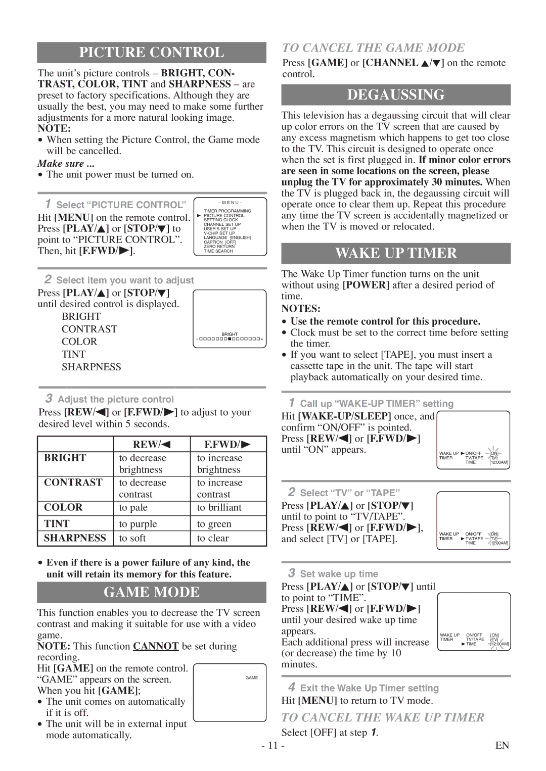 Sylvania 6313CEY owner manual Picture Control, Degaussing, Wake UP Timer, Game Mode 