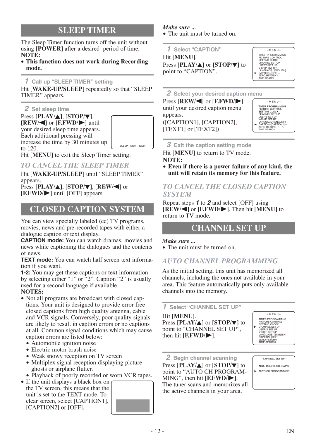 Sylvania 6313CEY owner manual Sleep Timer, Closed Caption System, Channel SET UP 