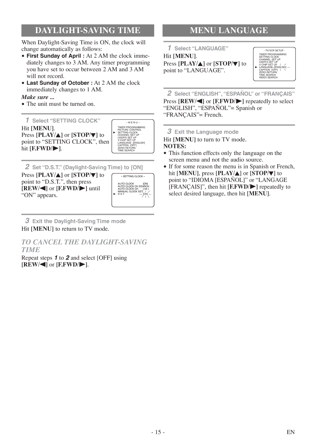 Sylvania 6313CEY owner manual Menu Language, To Cancel the DAYLIGHT-SAVING Time, REW/s or F.FWD/ B until 