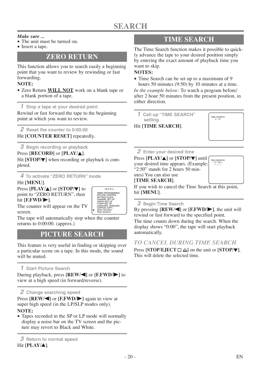 Sylvania 6313CEY owner manual Zero Return, Picture Search, To Cancel During Time Search 