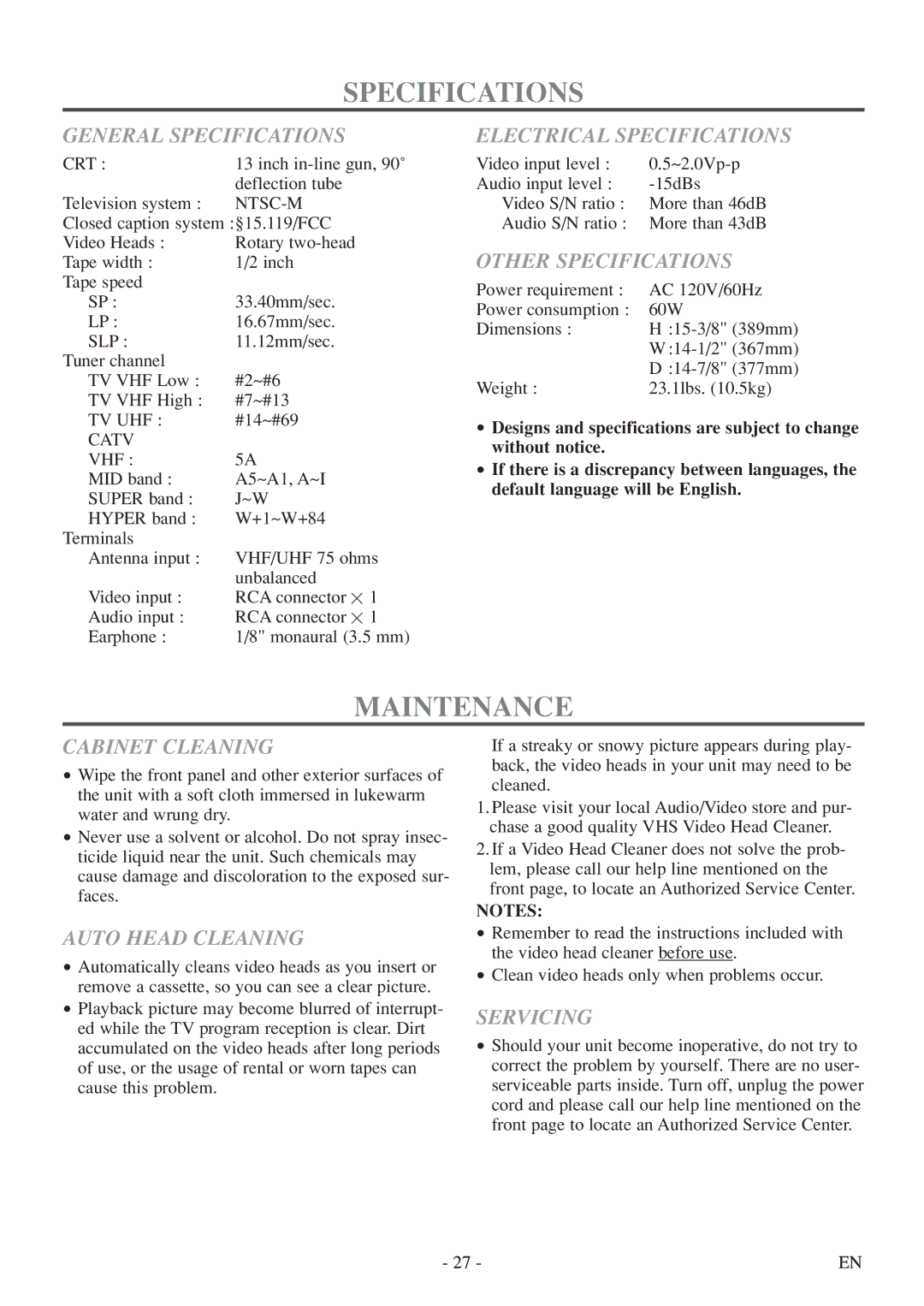 Sylvania 6313CEY owner manual Specifications, Maintenance 