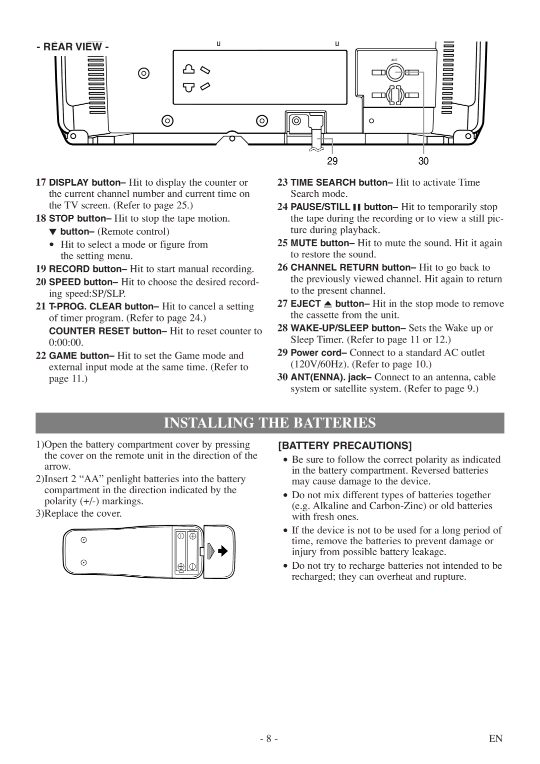 Sylvania 6313CEY owner manual Installing the Batteries, Rear View 