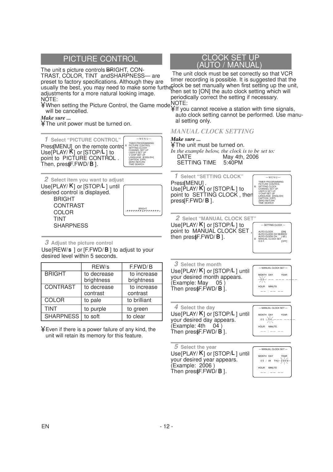 Sylvania 6313CG owner manual Picture Control, Clock SET UP Auto / Manual, Manual Clock Setting 