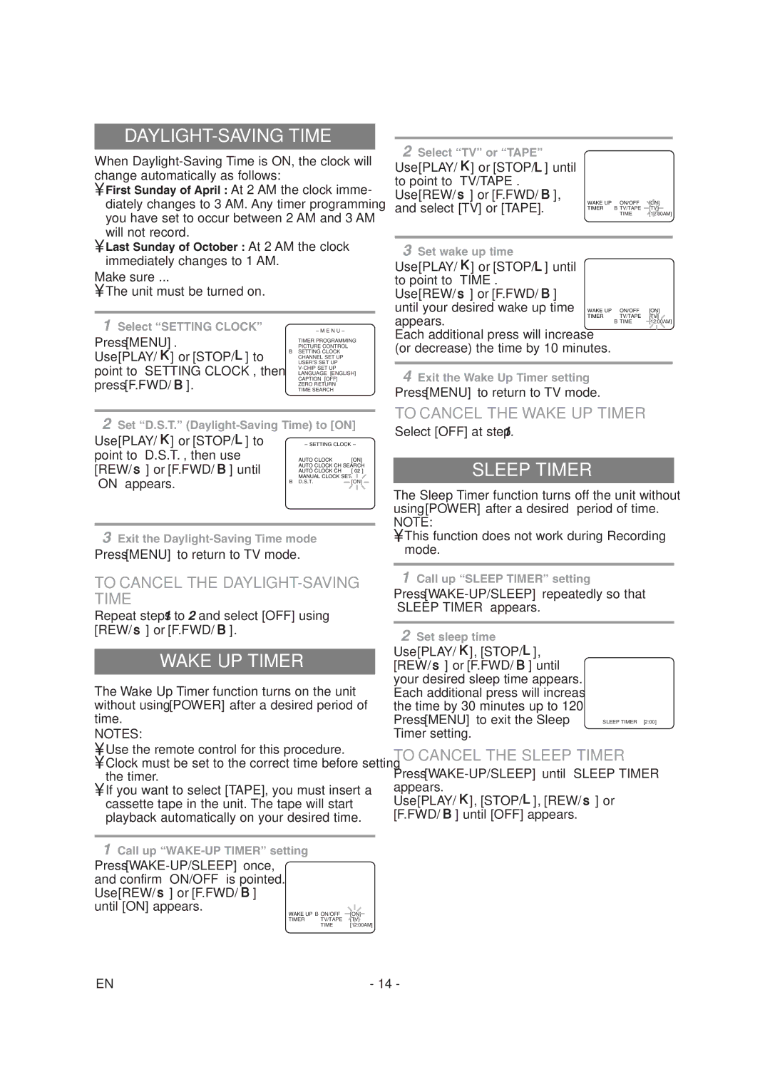 Sylvania 6313CG owner manual DAYLIGHT-SAVING Time, Wake UP Timer, Sleep Timer 