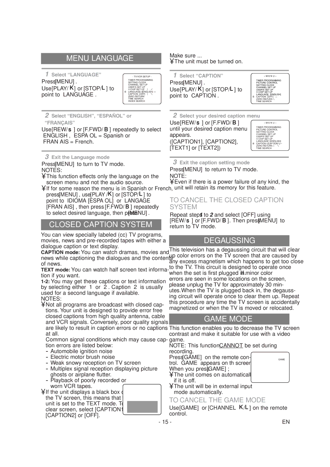 Sylvania 6313CG owner manual Menu Language, Closed Caption System, Degaussing, Game Mode 