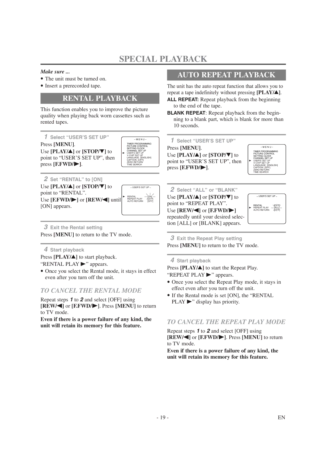 Sylvania 6313CG owner manual Special Playback, Rental Playback, Auto Repeat Playback, To Cancel the Rental Mode 