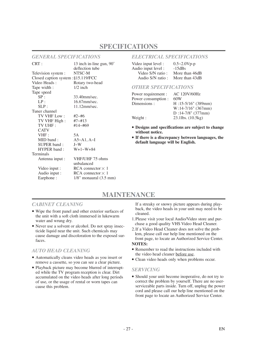 Sylvania 6313CG owner manual Specifications, Maintenance 