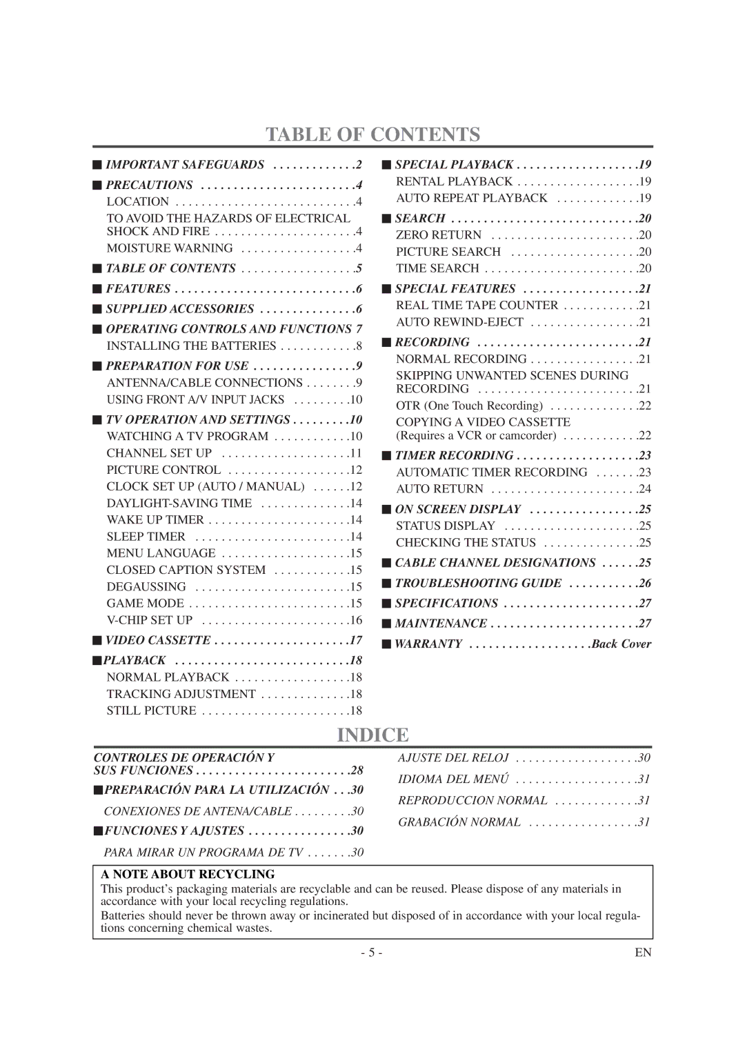 Sylvania 6313CG owner manual Table of Contents, Indice 