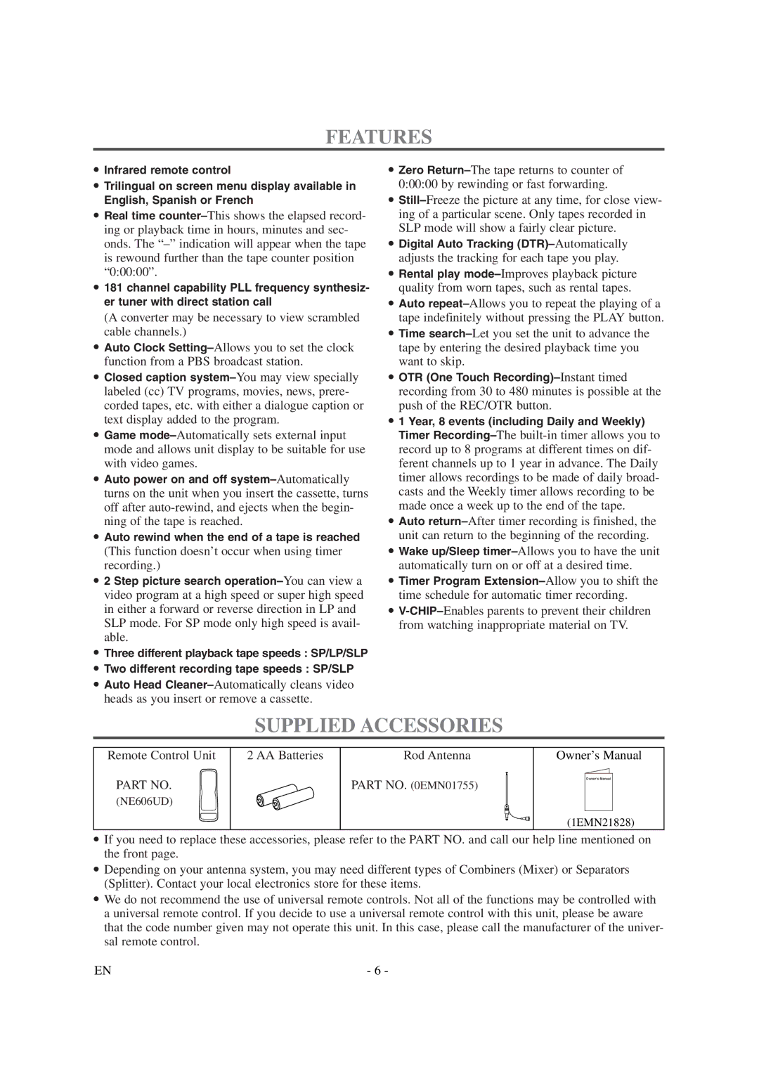 Sylvania 6313CG owner manual Features, Supplied Accessories 