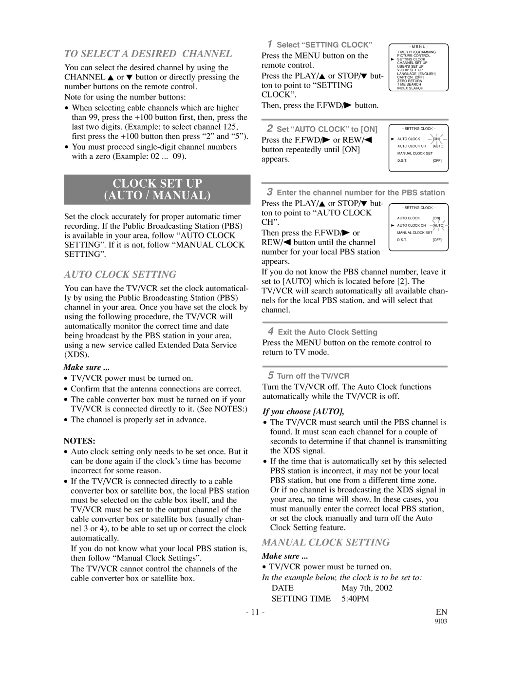 Sylvania 63134C, 63194C Clock SET UP Auto / Manual, To Select a Desired Channel, Auto Clock Setting, Manual Clock Setting 