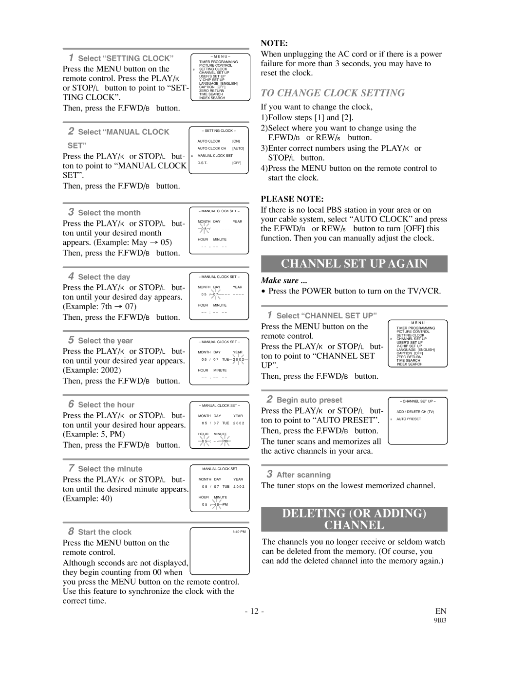 Sylvania 63194C, 63134C Channel SET UP Again, Deleting or Adding Channel, To Change Clock Setting, Ting Clock, Please Note 