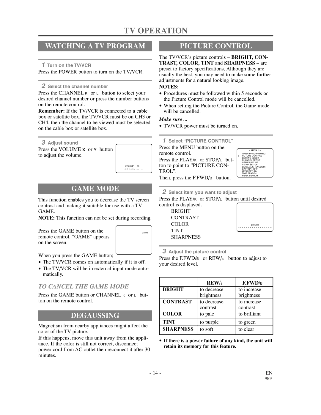 Sylvania 63194C, 63134C owner manual TV Operation, Watching a TV Program, Picture Control, Game Mode, Degaussing 