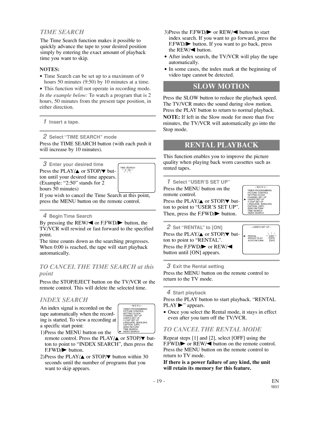 Sylvania 63134C, 63194C owner manual Slow Motion, Rental Playback, Time Search, Index Search, To Cancel the Rental Mode 