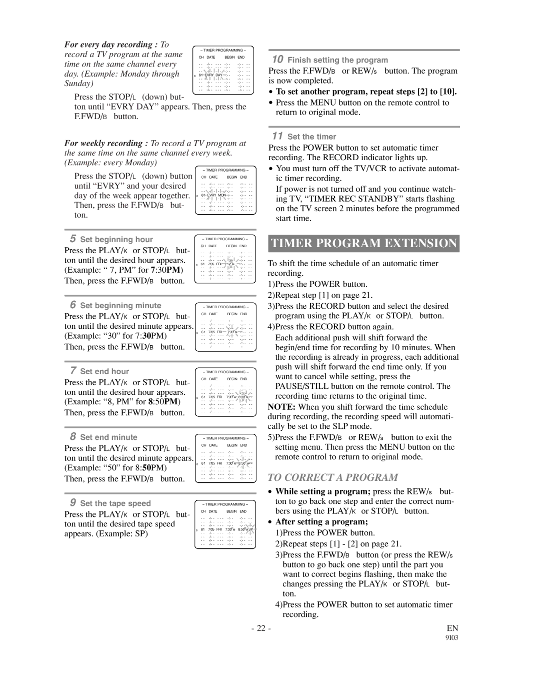 Sylvania 63194C, 63134C Timer Program Extension, To Correct a Program, To set another program, repeat steps 2 to 