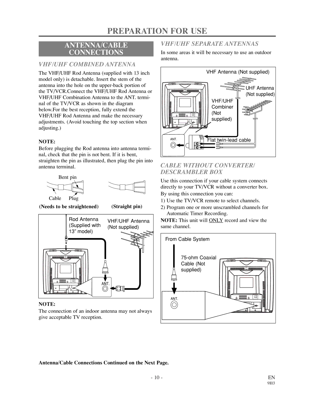 Sylvania 6319CCC Preparation for USE, ANTENNA/CABLE Connections, VHF/UHF Combined Antenna, VHF/UHF Separate Antennas 