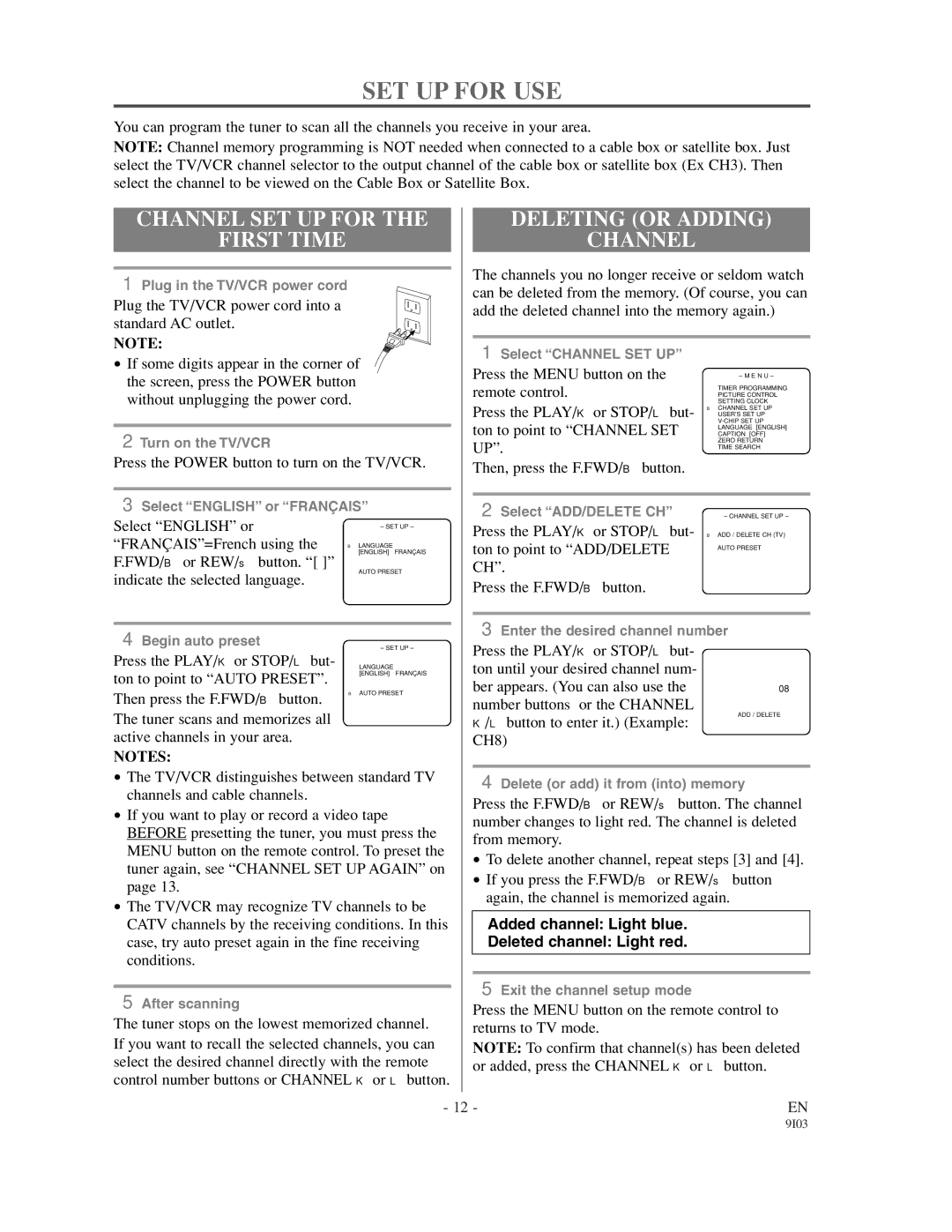 Sylvania 6319CCC, 6313CCC owner manual SET UP for USE, Channel SET UP for First Time, Deleting or Adding Channel 