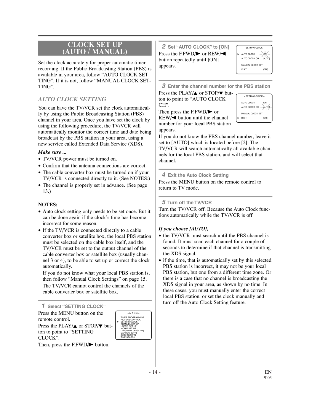 Sylvania 6319CCC, 6313CCC owner manual Clock SET UP Auto / Manual, Auto Clock Setting 