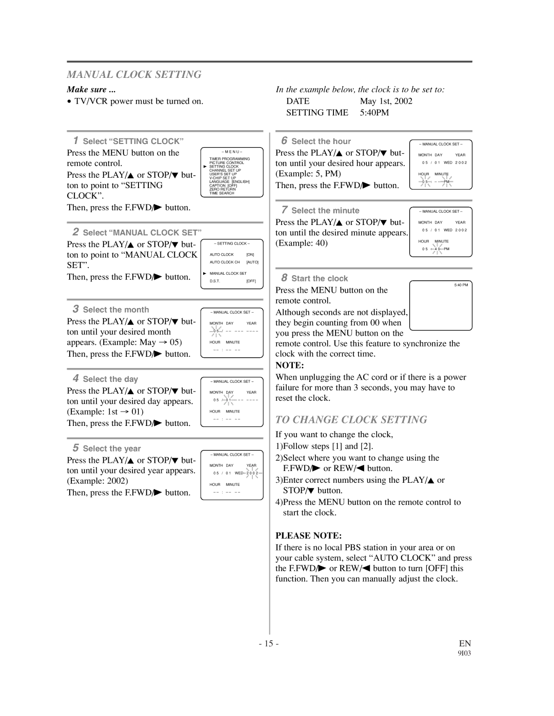 Sylvania 6313CCC, 6319CCC owner manual Manual Clock Setting, To Change Clock Setting, Please Note 